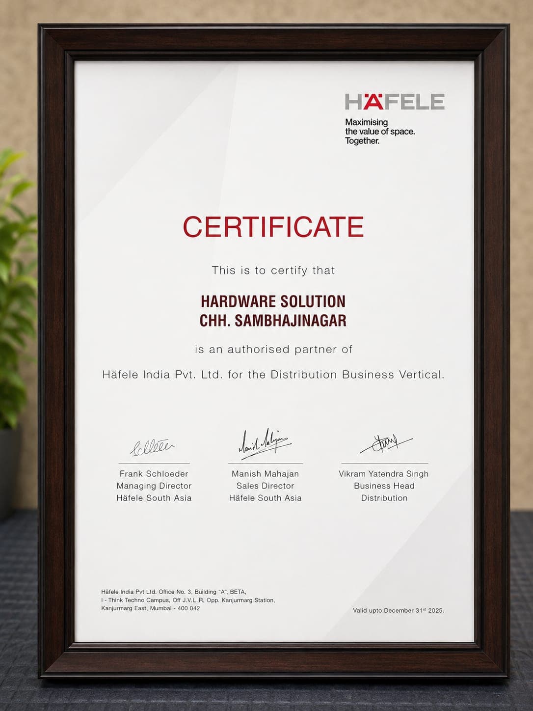 Häfele Authorized Partner Certificate